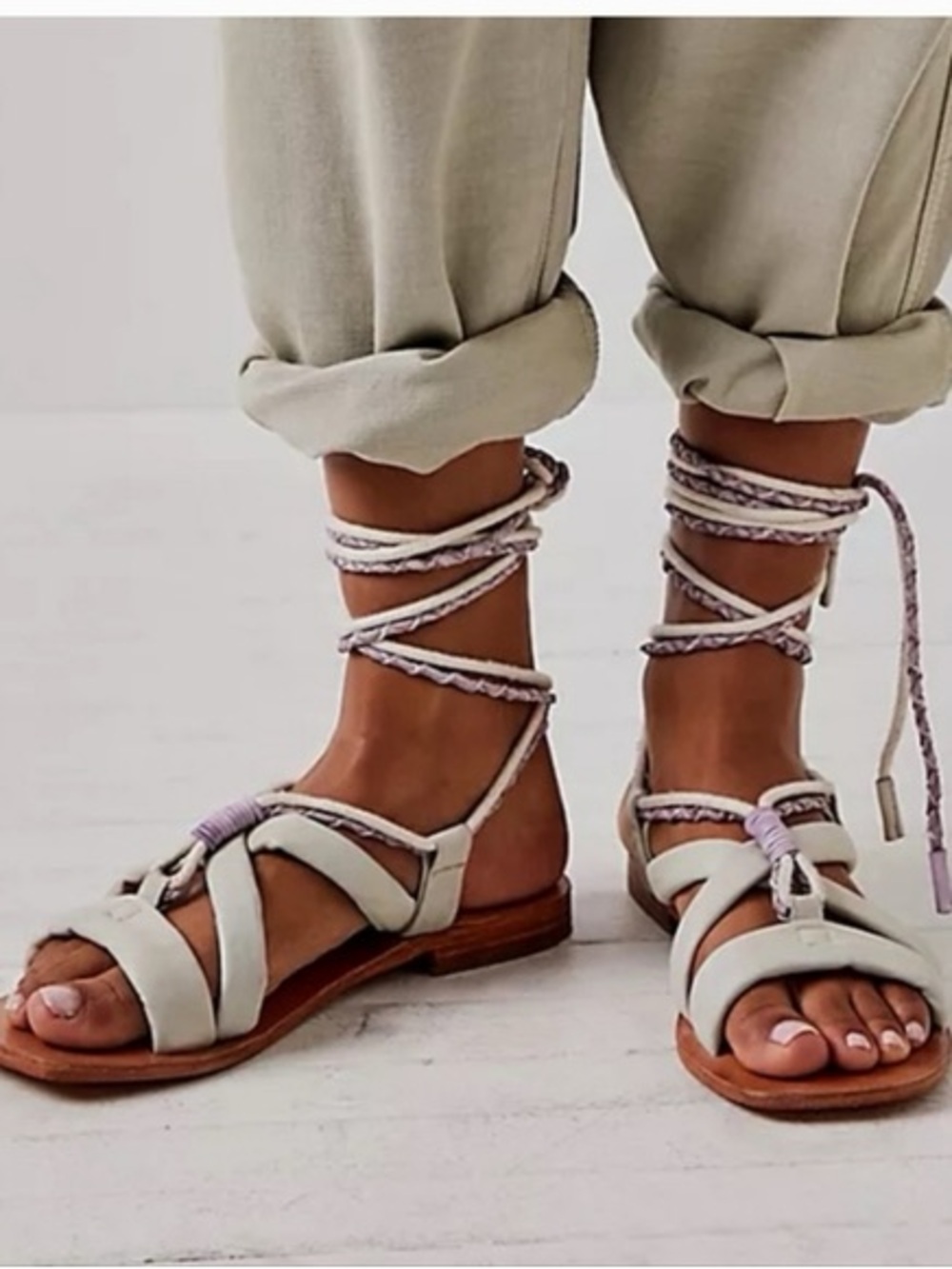 NWOT Free People Lace-Up Flat Sandals in Cream Lavender Leather Linen Sz 36.5